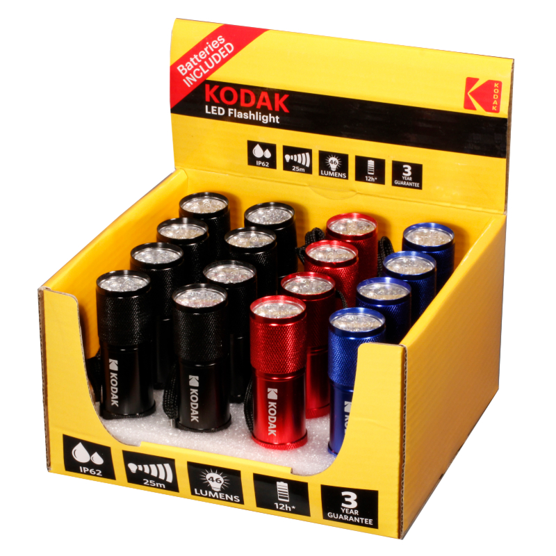Kodak 9-LED Flashlight 8xBlack 4xRed 4xBlue (16pcs CDU Incl batteries)