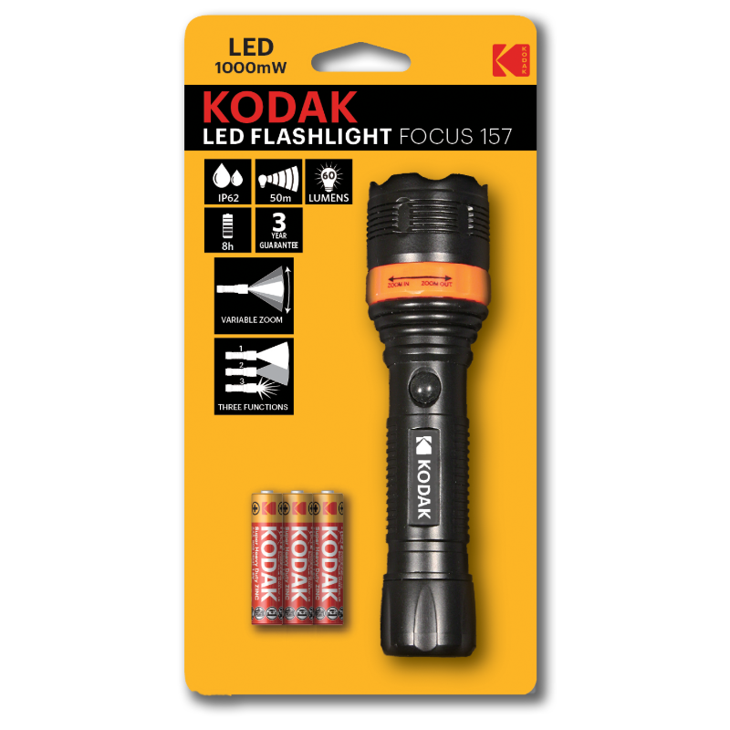 Kodak LED Flashlight Focus 157 1000mW Bk 3AAA HD  